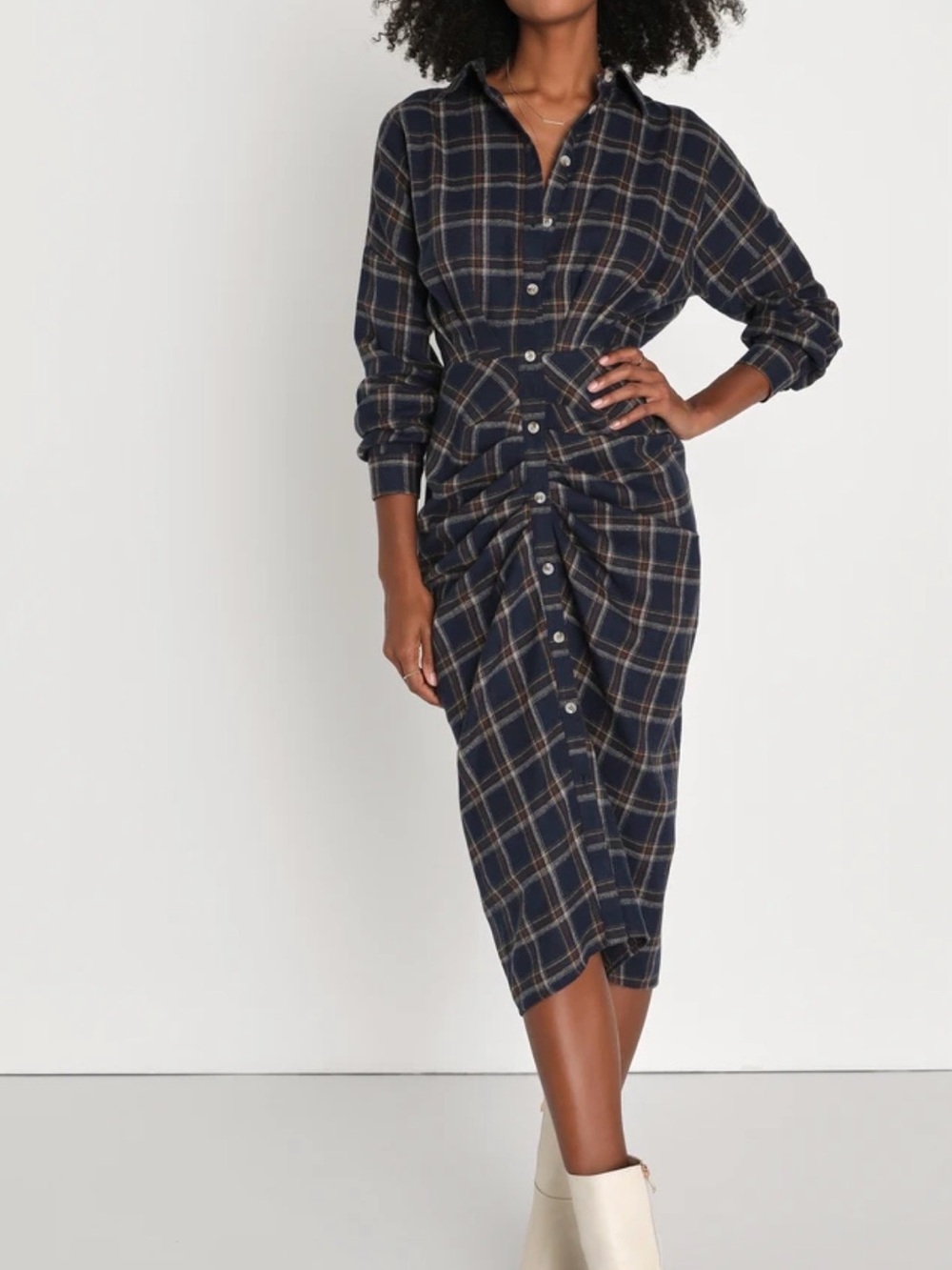 Lulu's Navy Plaid Button-Front Midi Dress